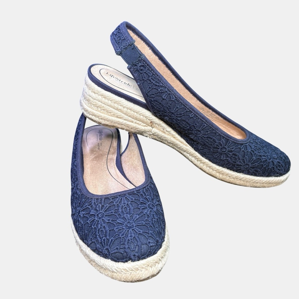 LifeStride Navy Floral Lace Slingback Espadrille Wedge Shoes Women's 9.5 Comfort